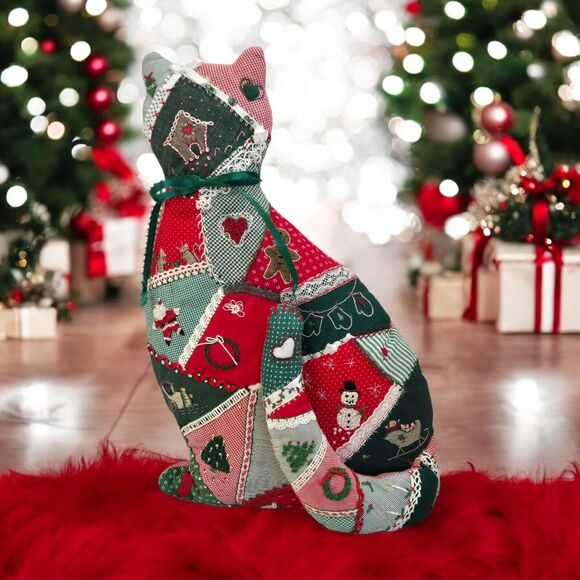 Handmade Vintage Christmas Cat Detailed Embroidered Patchwork Quilt Soft Pillow - Picture 2 of 16